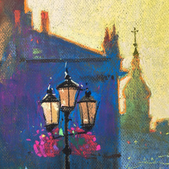 Light. Ukrainian city of Lviv. Soft pastel drawing 19.6x19.6 inch (50x50 cm)