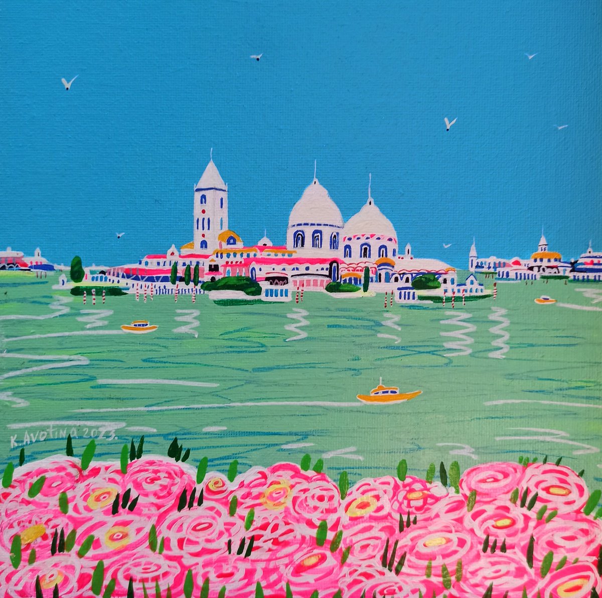 Impressionistic Landscape Acrylic Painting By Katrina Avotina, 8 X 8", Blooming In Venice, Original Artwork