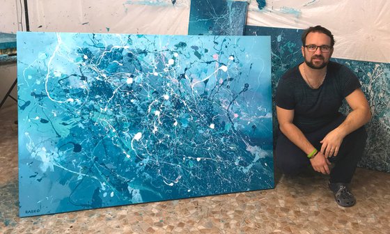 Splashy Waves 10 - XXL LARGE ABSTRACT TURQUOISE PAINTING, FULL OF MOVEMENT. LARGE STATEMENT PIECE, READY TO HANG!