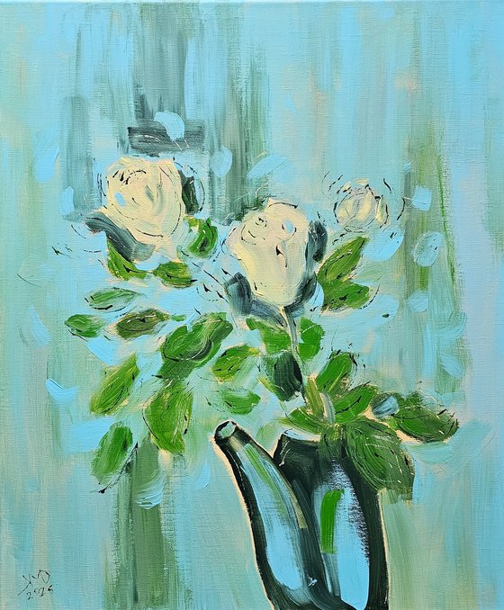 Yellow roses in a pot on blue