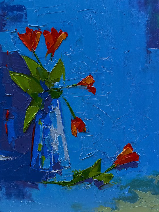 Still life painting with flowers in blue. Palette knife art