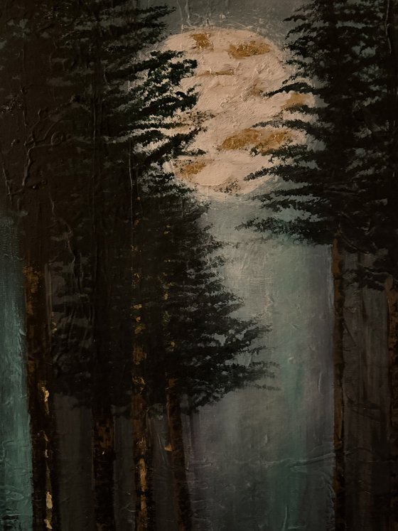 Moonlight deception abstract pine forest painting