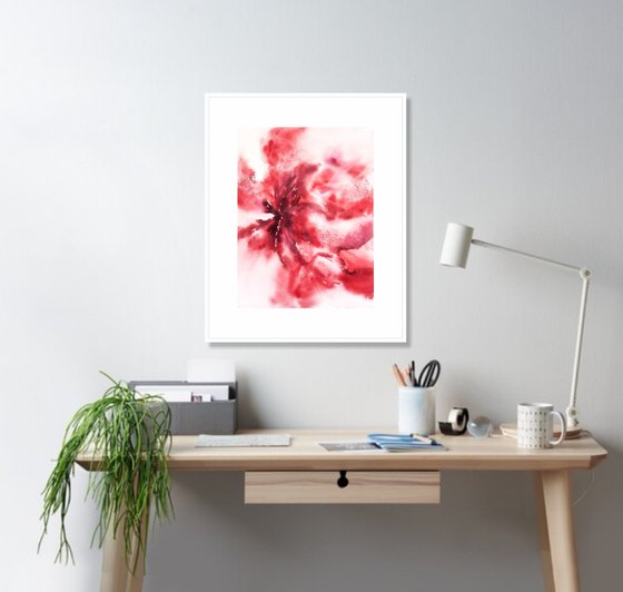 Red flower, bright floral watercolor painting