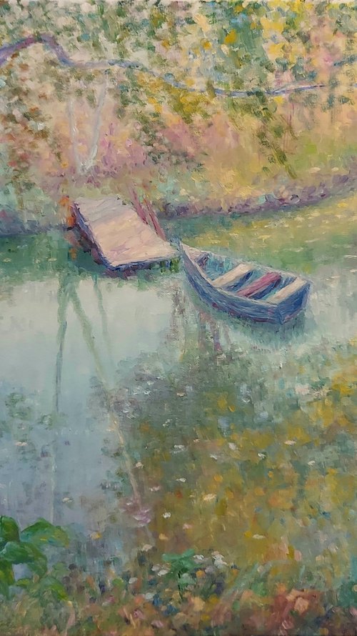 Pond with boat. October by Ekaterina Orlova