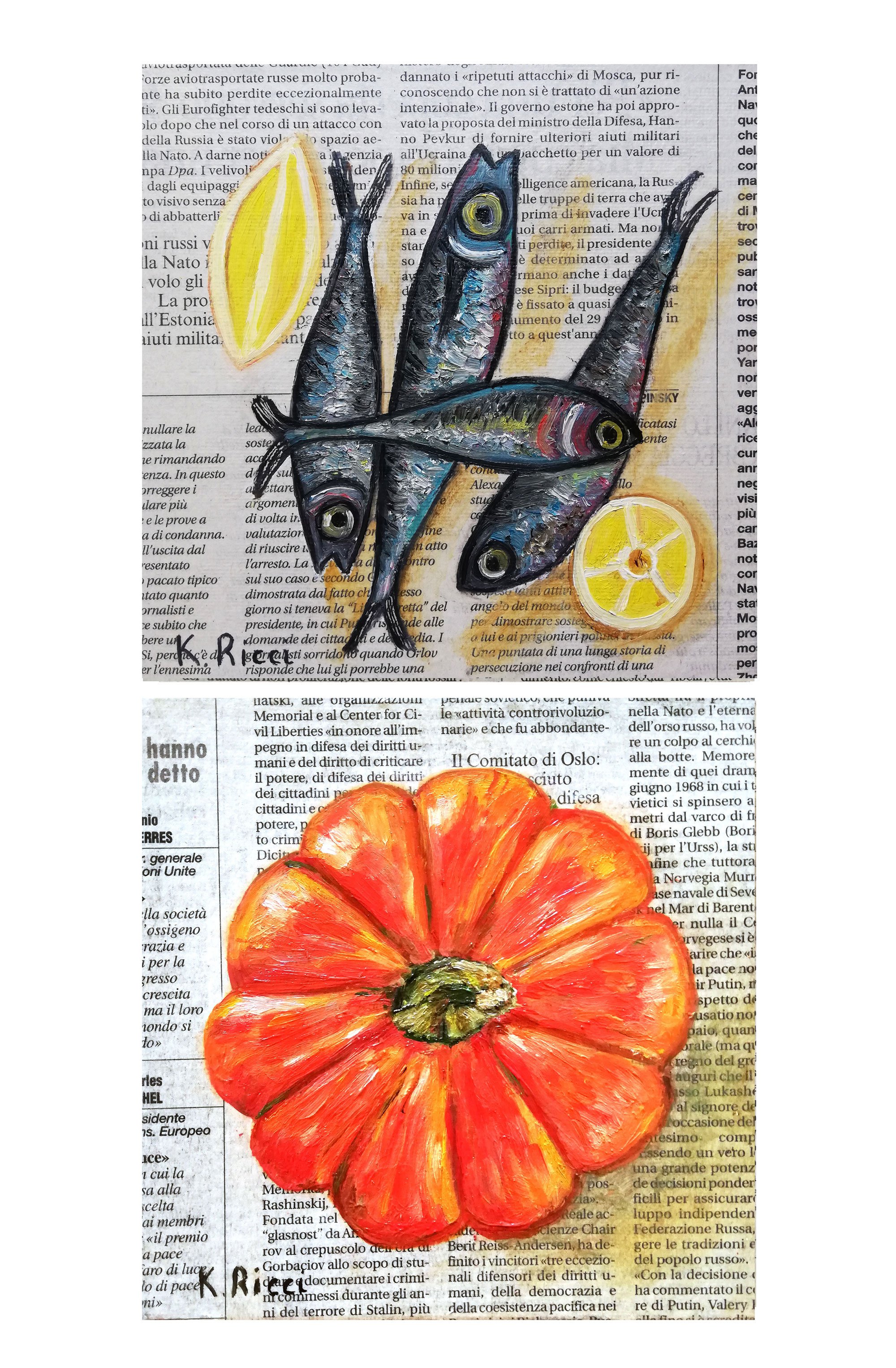 Impressionistic Still Life Oil Painting By Katia Ricci, 6 X 6", Fishes And Pumpkin On Gazette, Original Artwork