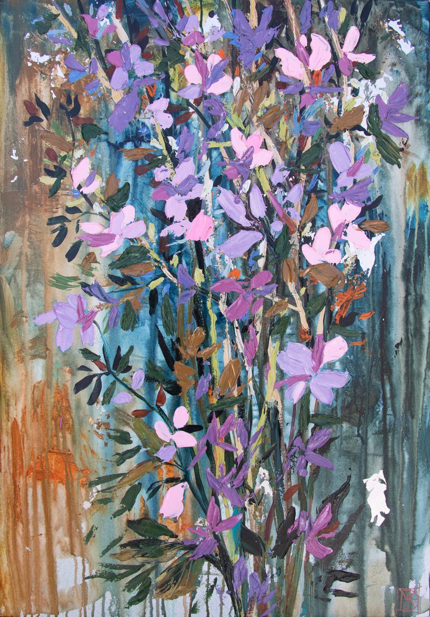 Expressive Botanical Acrylic Painting By Maria Kireev, 28 X 39", Hollyhock Serenade, Original Artwork