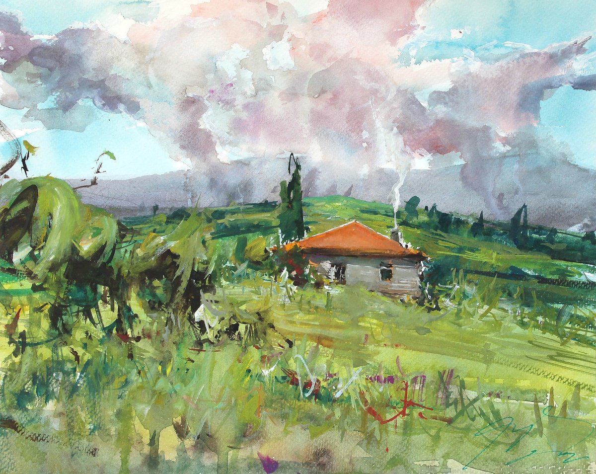 Impressionistic Landscape Watercolour By Maximo Damico, 14 X 11", Moravian Country House Ii, Original Artwork