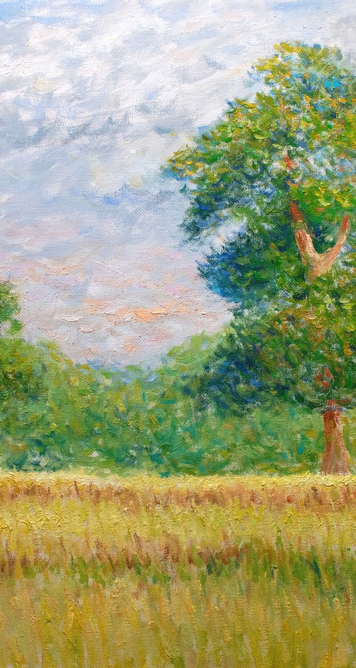 Two Oak Trees in a Field impressionist oil painting by Gav Banns