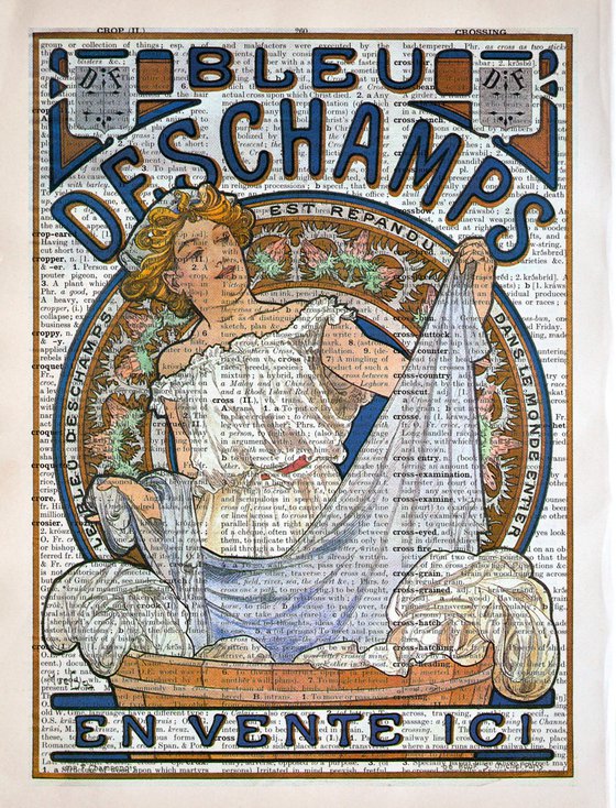 Bleu Deschamps - Collage Art Print on Large Real English Dictionary Vintage Book Page