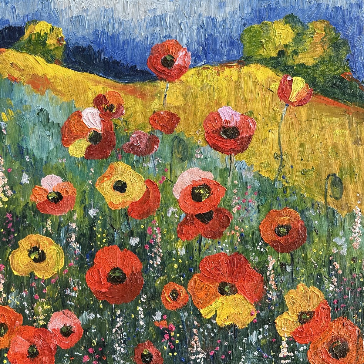 Impressionistic Landscape Oil Painting By Irina Anis, 16 X 16, Sunlit Poppies Bloom, Original Artwork