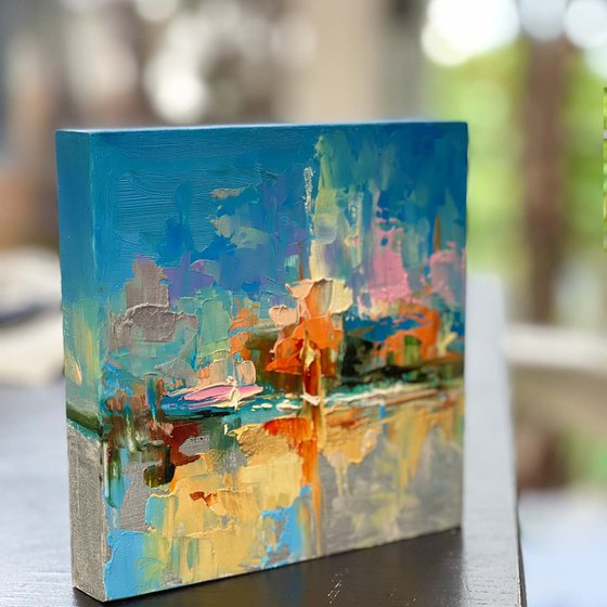 Light Burst: Original Miniature Painting Abstract Landscape Oil Textured with Palette Knife