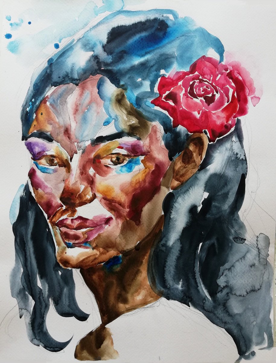 Impressionistic Portrait Watercolour By Jelena Djokic, 14 X 18, Rose, Original Artwork