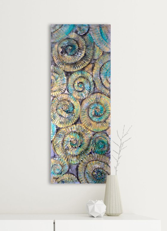 Golden Ammonites (textured fossil artwork, ready to hang)