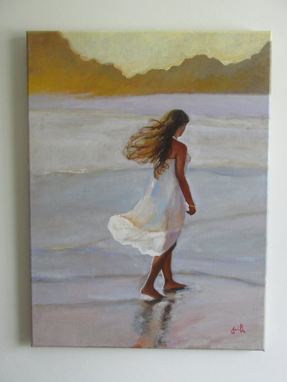 Summer Breeze-Impressionist beach figure oil painting. 45x61cm.