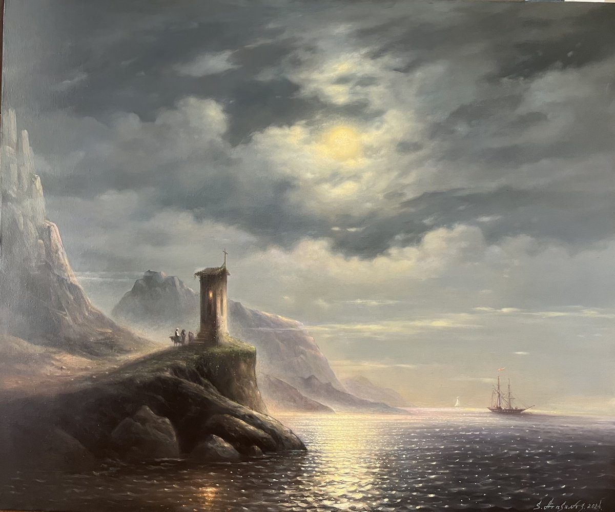 Impressionistic Landscape Oil Painting By Samvel Atasunc, 47 X 39", Chapel / Moonlit Night, Original Artwork