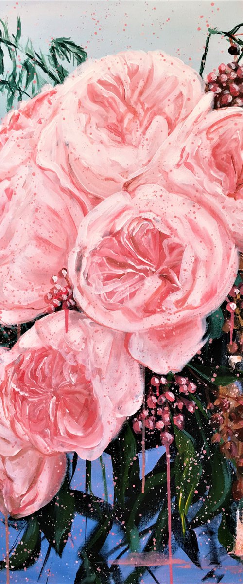 The Place for Love - Garden Roses in a Golden Vase by HSIN LIN