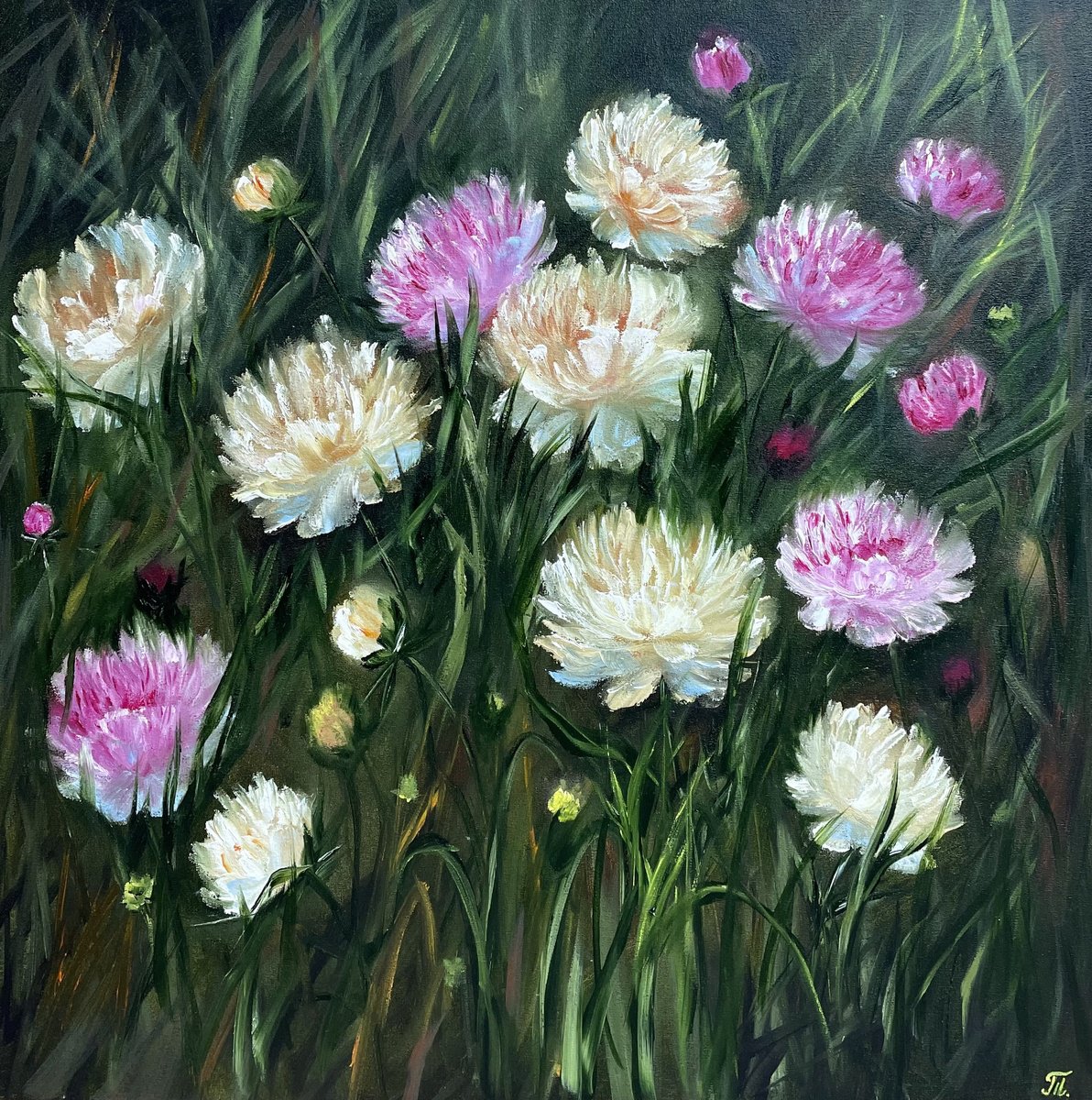 Impressionistic Botanical Oil Painting By Tanja Frost, 24 X 24", Peonies, Original Artwork