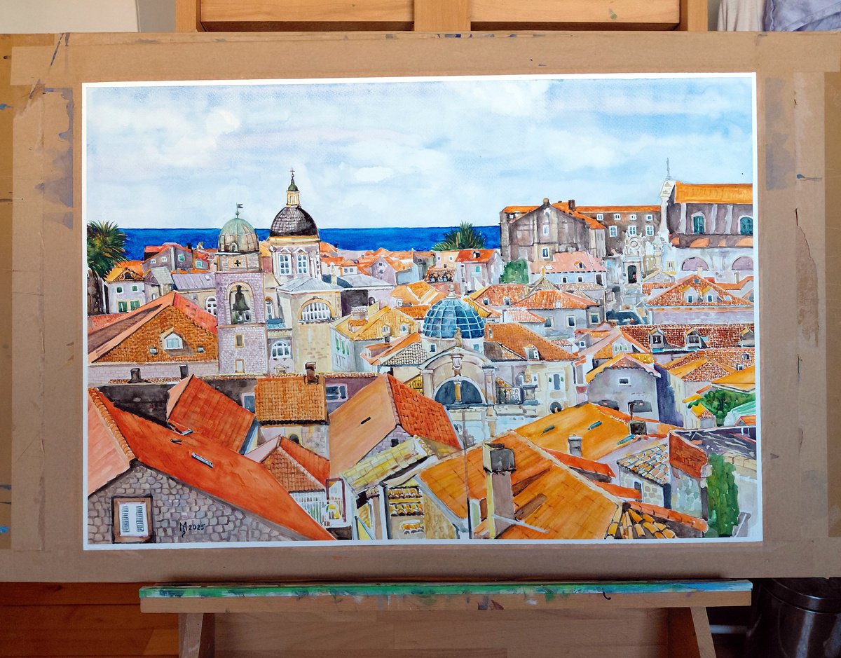 Impressionistic Cityscapes Watercolour By Zoran Mihajlovic Muza, 28 X 19", Dubrovnik Mediterranean, Original Artwork