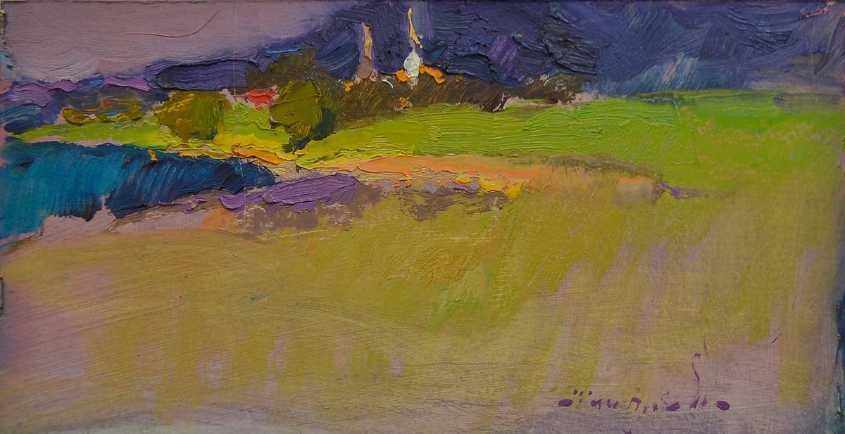 Impressionistic Landscape Oil Painting By Alexander Shandor, 15 X 6, View Of The Village, Original Artwork