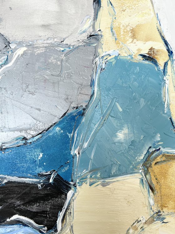 Beige and turquoise abstraction. White and turquoise wall art.