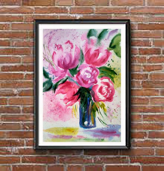 Peonies original watercolor painting