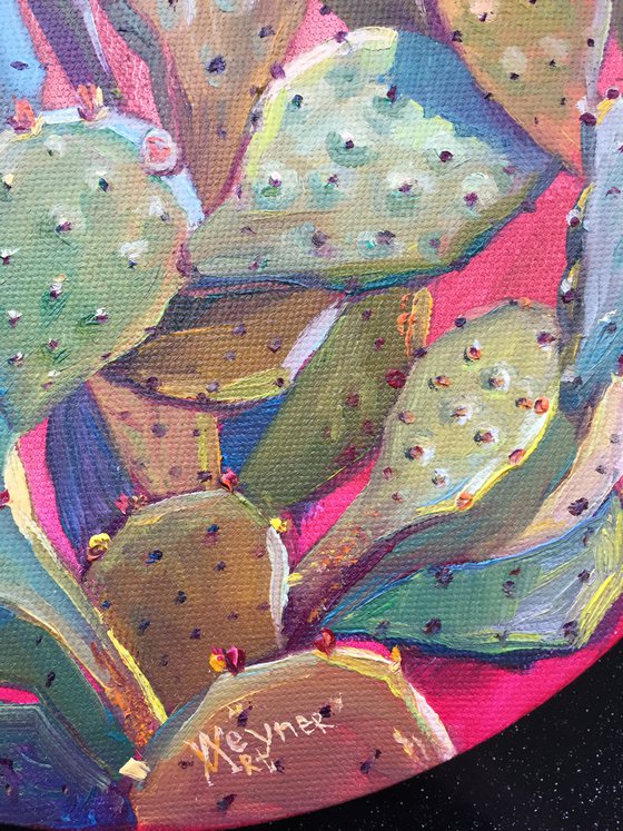 Opuntia cactus. Round bright painting.