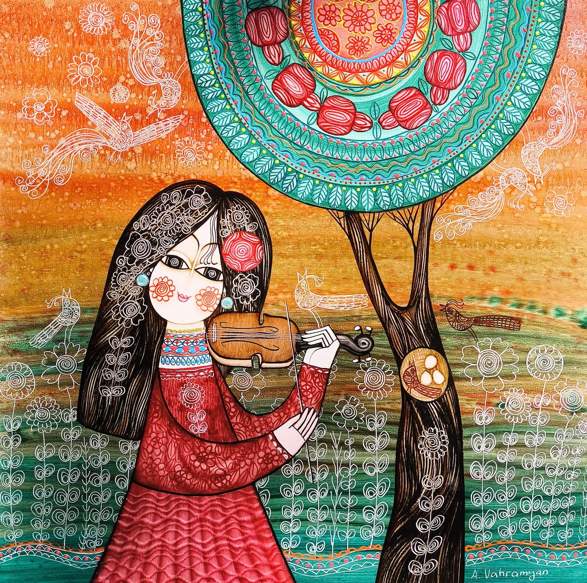 Naive Portrait Oil Painting By Armen Vahramyan, 24 X 24, The Violinist