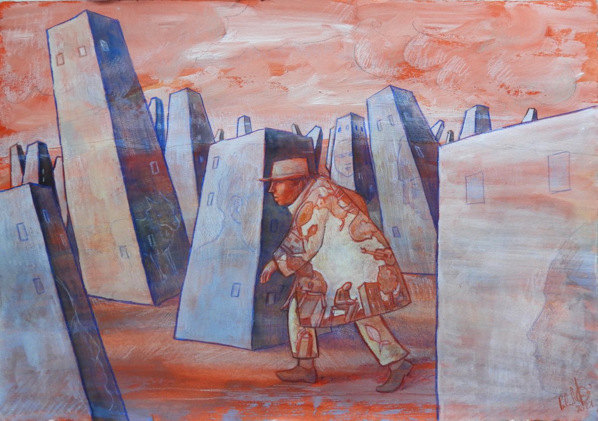 Illustrative Cityscapes Painting By Paolo Beneforti, 20 X 14", Responsability (Ii), Original Artwork