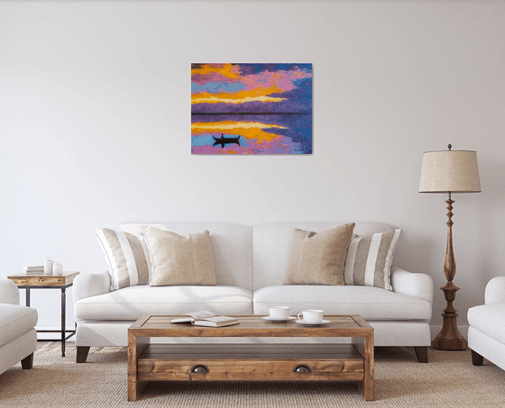 Silence - colorful evening on the lake; sunset; home, office décor