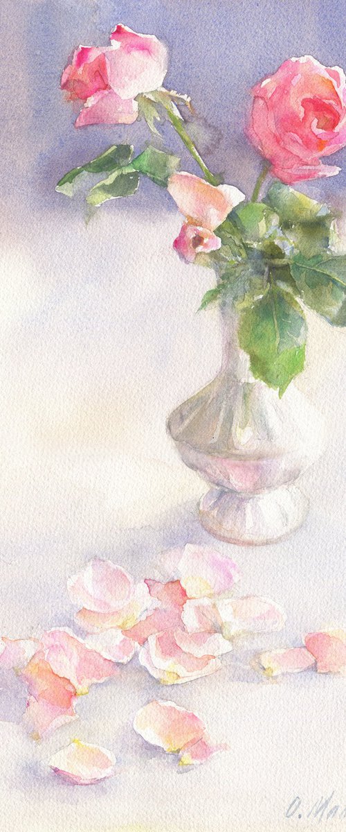 Last chords. Pink / ORIGINAL watercolor ~11x15in (28x37,5cm). Rose bouquet by Olha Malko