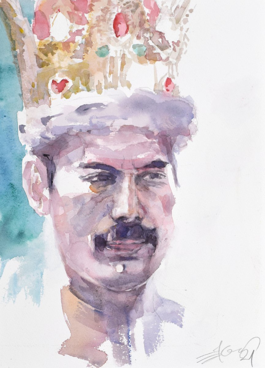 Expressive Portrait Watercolour By Goran Zigolic Watercolors, 11 X 15, Queen Freddie, Original Artwork