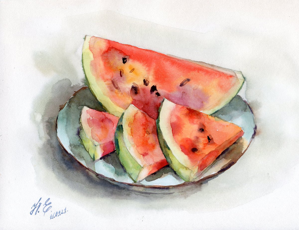 Watermelon, Watercolor sketch, study from life by Yulia Evsyukova