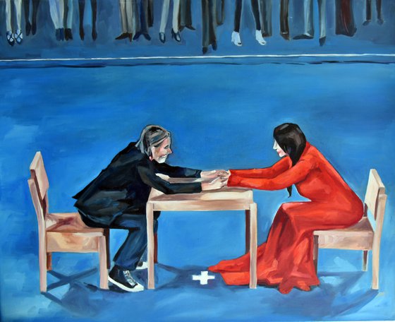 TRUE STORY. MARINA ABRAMOVICH AND ULAY - oil painting, perfomance, red, red dress, blue, couple, love, original art,