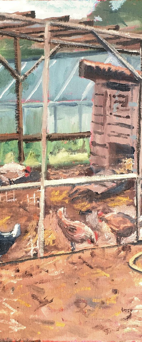 Chickens at the allotments, an original oil painting by Julian Lovegrove Art