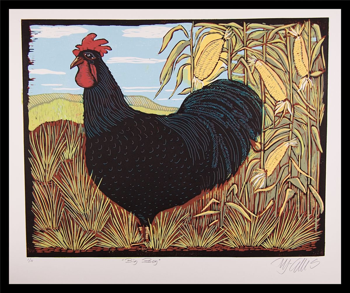 Rooster, linocut reduction | Artfinder