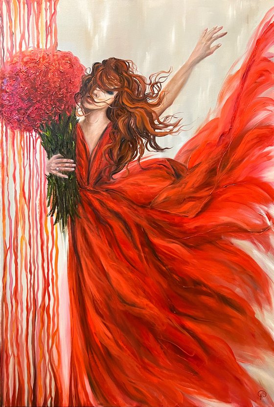 Love. Unconditional. oil painting, Picture of a girl, beautiful girl, girl in a dress, Portrait of a girl, girl in a red dress, girl with roses, painting with meaning, red painting, girl oil, red dress, girl with a bouquet, girl with long hair, painting about love, lovepicture of a beauty, graceful beauty