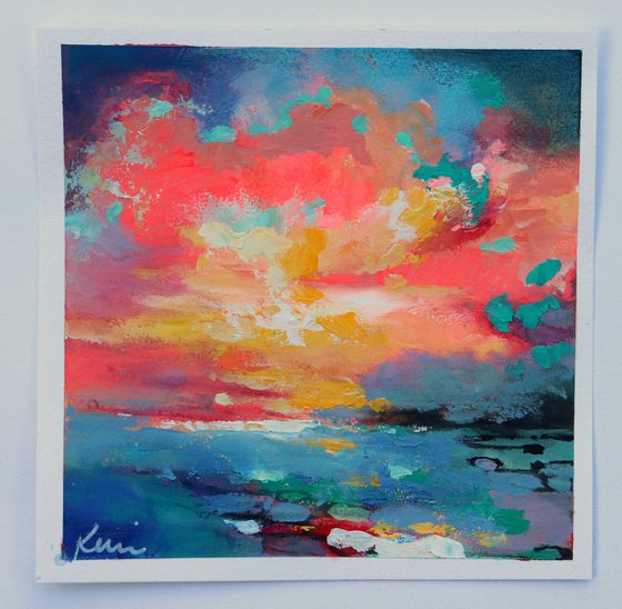 Sunset on the Coast 8x8" Small Ocean and Sky Scene on Paper