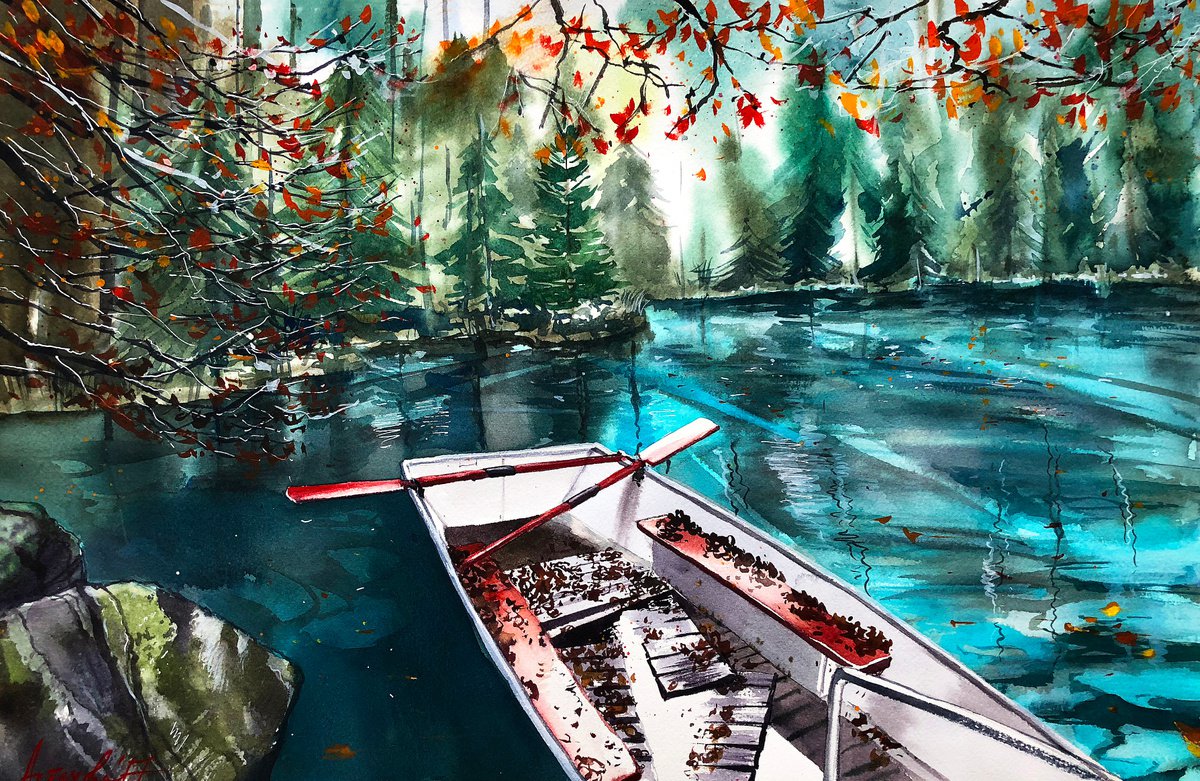 Impressionistic Landscape Watercolour By Ksenia Astakhova, 22 X 15", Autumn On Blausee Ii, Original Artwork