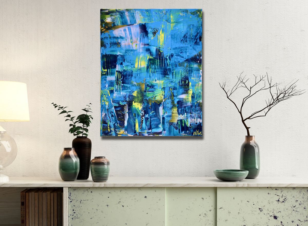 Abstract Acrylic Painting By Nestor Toro, 16 X 20", Vanishing Blue Panorama, Original Artwork
