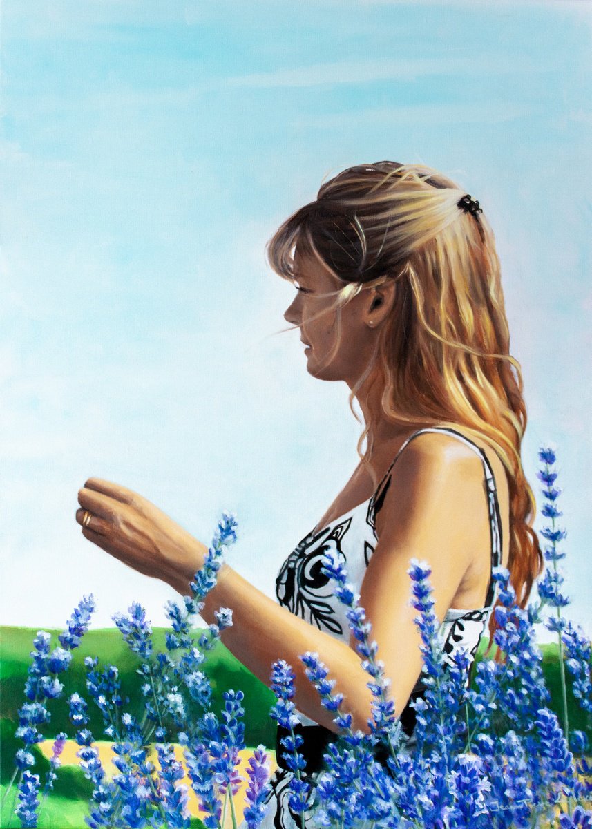 Photorealistic Portrait Oil Painting By Jean-Pierre Andre Leclercq, 20 X 28, Lavandes, Original Artwork