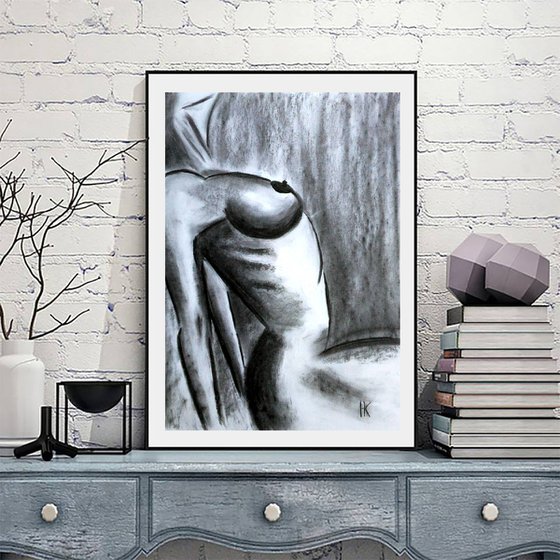 Nude Painting Woman Original Art Female Nude Charcoal Drawing Breast Artwork Home Wall Art 13 by 18" by Halyna Kirichenko