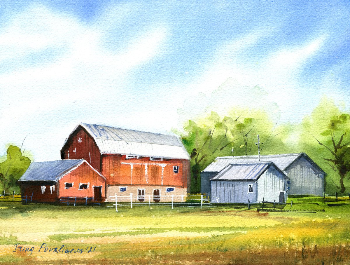 Farm in the field original watercolor artwork , red farm , american farm, country landscap... by Irina Povaliaeva