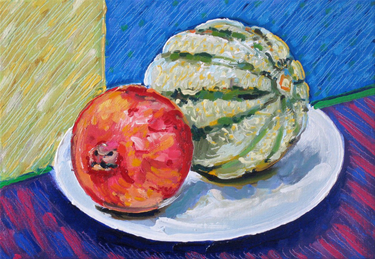 Still Life Oil Painting By Richard Gibson, 12 X 8", Melon And Pomegranate, Original Artwork