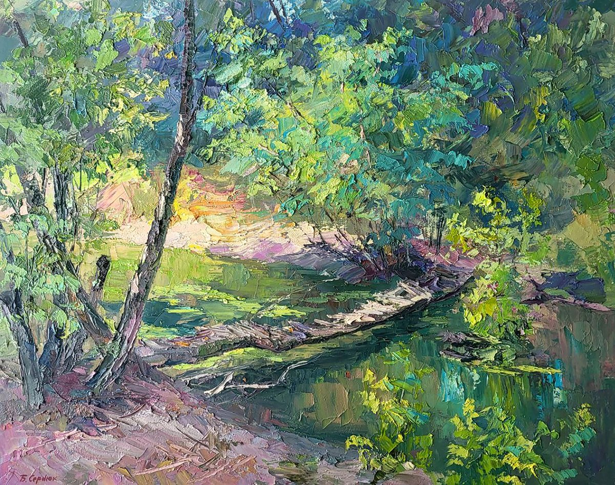 Impressionistic Landscape Oil Painting By Boris Serdyuk, 28 X 22, Bridge Over The River, Original Artwork
