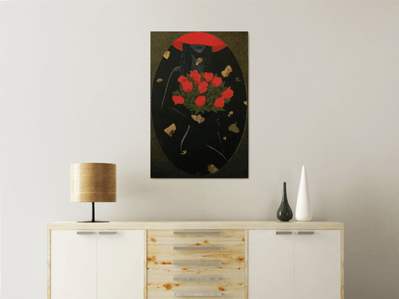 Romance in Red - large abstract figurative painting; office, home decor; gift idea