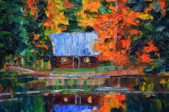 Fall woodland house original oil painting on canvas, autumn forest landscape, cozy home decor