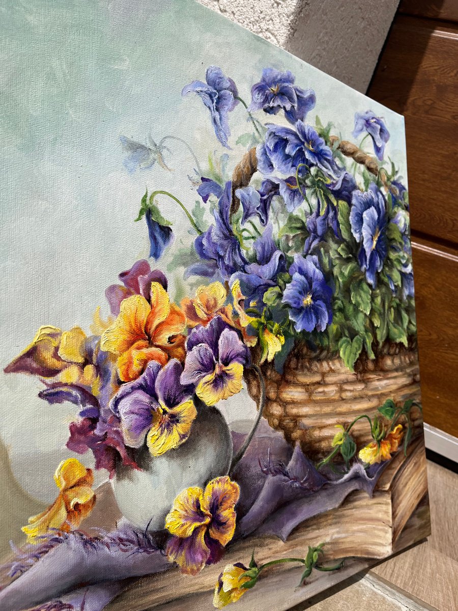 Photorealistic Botanical Oil Painting By Oana Voda, 20 X 20", Delicate Pansies, Original Artwork