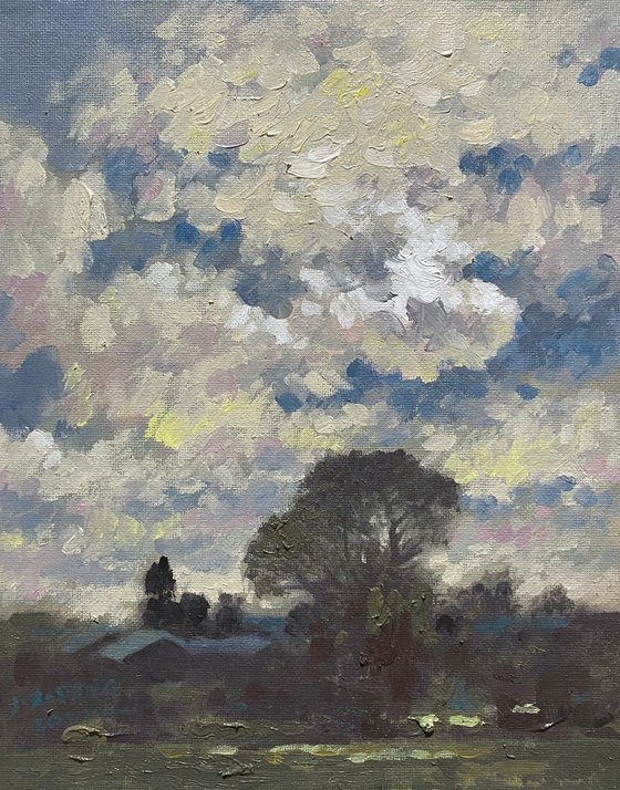 Original Oil Painting Wall Art Signed unframed Hand Made Jixiang Dong Canvas 25cm × 20cm Landscape At Nightfall House Small Impressionism Impasto