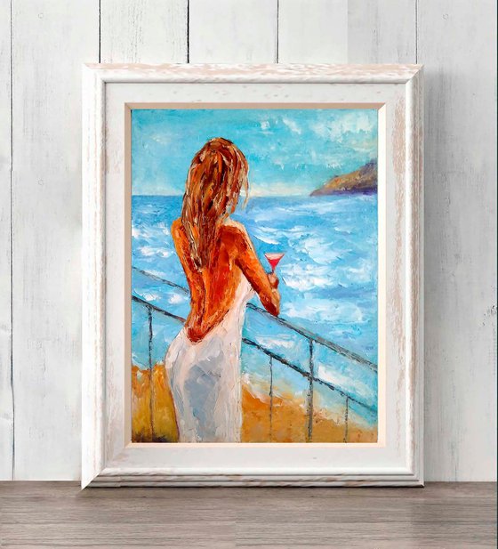 Woman Painting Romantic Original Art Female Figure Artwork Ocean Beach Wall Art