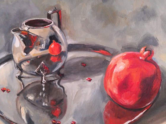 Pomegranate with Silver Teapot on a silver tray still life